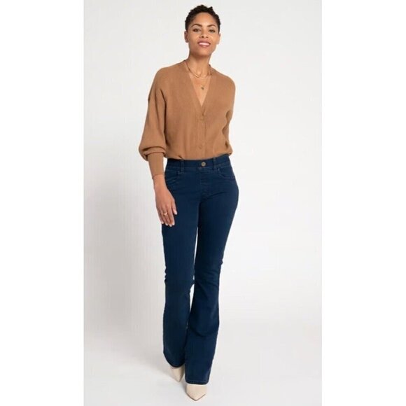 Betabrand Women's Sz Large Long Dark Blue Pull On Bootcut Denim Jeans - Picture 1 of 8